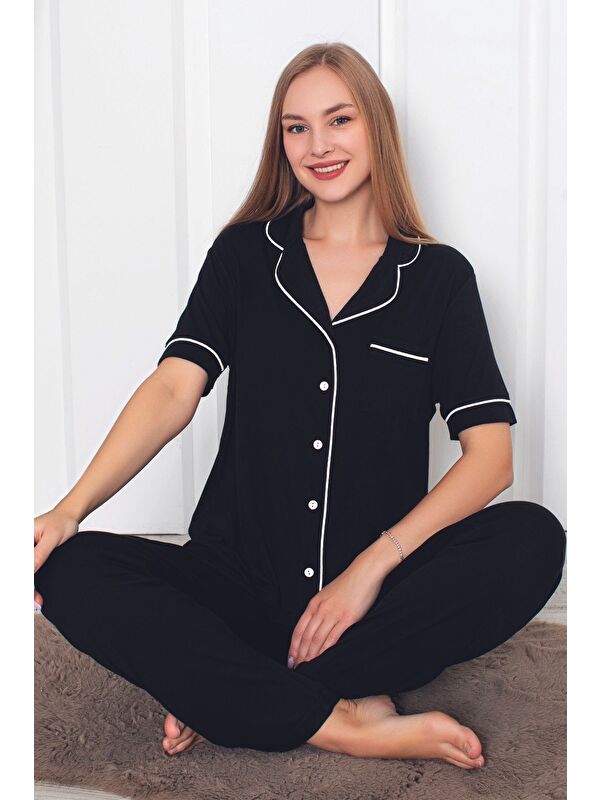 Intensive kadın mor kısa kollu önden düğmeli cepli biyeli Elastanlı Pijama Takımı