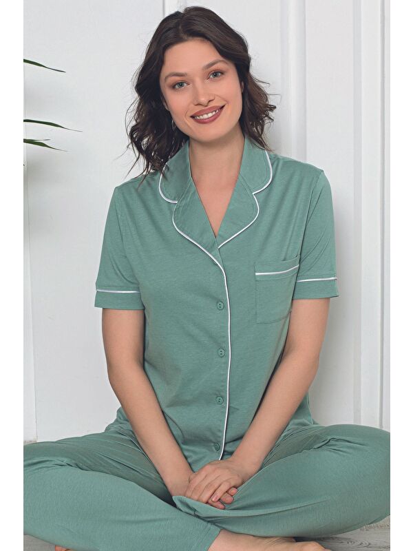 Intensive kadın mor kısa kollu önden düğmeli cepli biyeli Elastanlı Pijama Takımı