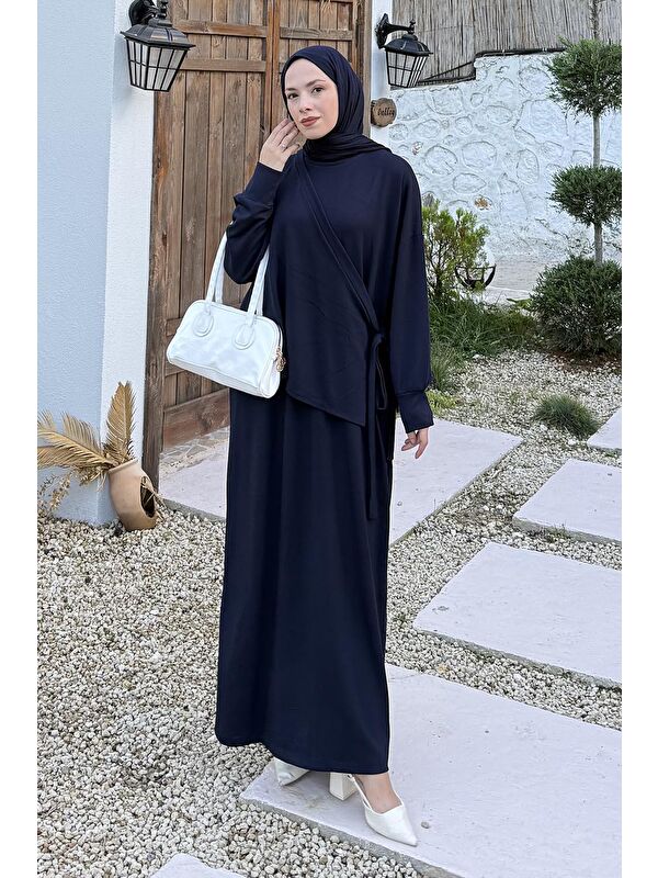 Lamelif Büzgülü Tesettür Elbise Lacivert