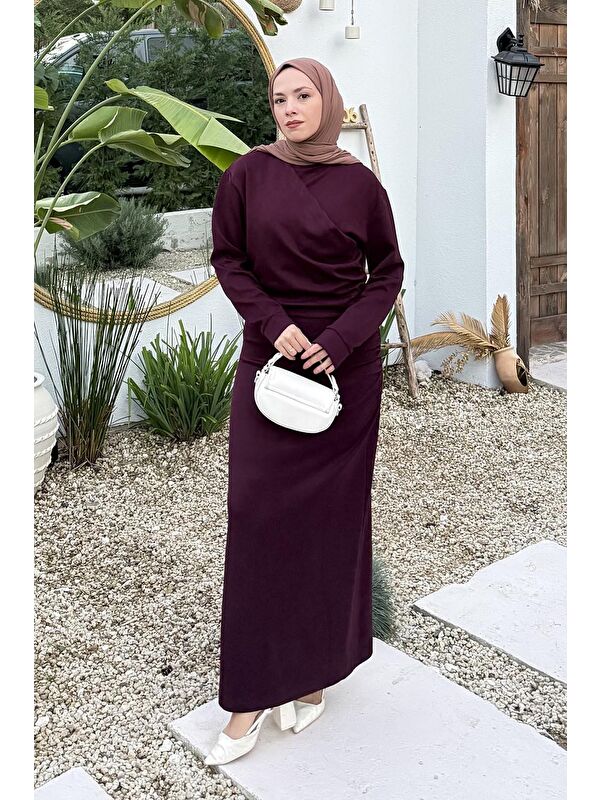Lamelif Büzgülü Tesettür Elbise Mürdüm