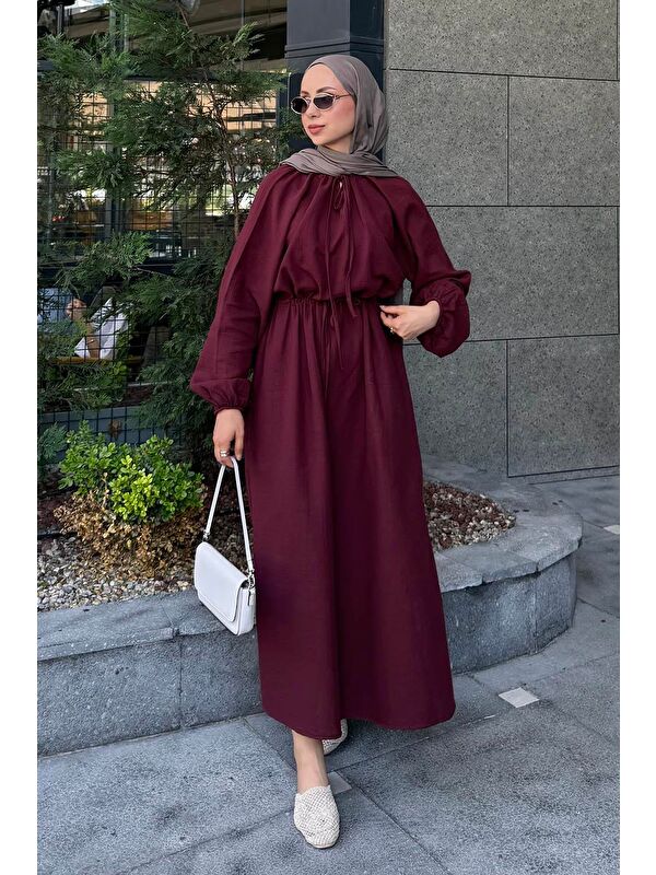 Lamelif Balon Kol Bağlamalı Tesettür Elbise Mürdüm