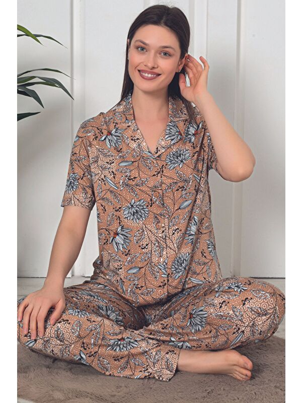 Intensive leopar desenli önden düğmeli kısa kol kadın Pijama Takımı