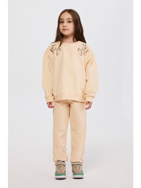 Panço Kız Çocuk Nakış Detaylı Bej Sweatshirt
