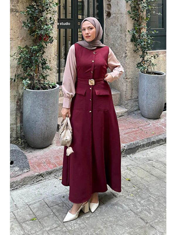 Lamelif Düğme Detaylı Elbise Bordo