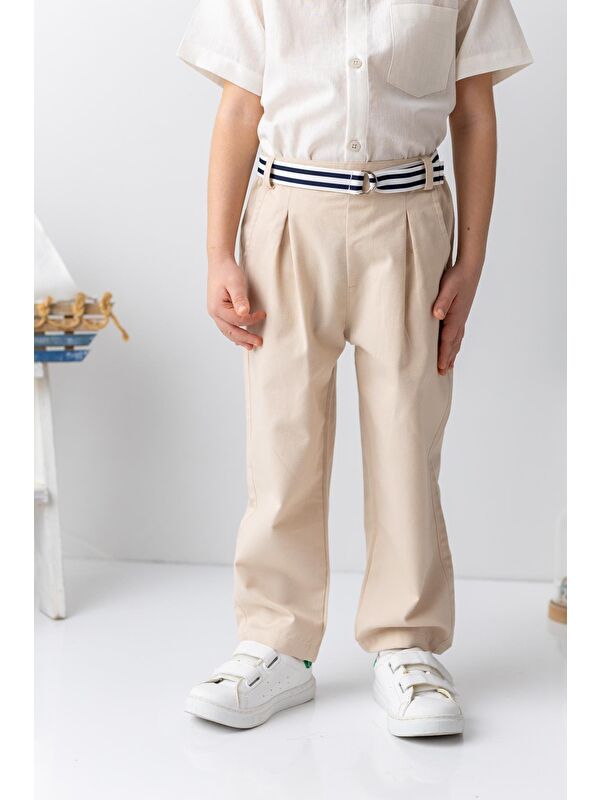MİNİNİO Erkek Bebek Kemerli Gabardin Pantolon - Taş Rengi