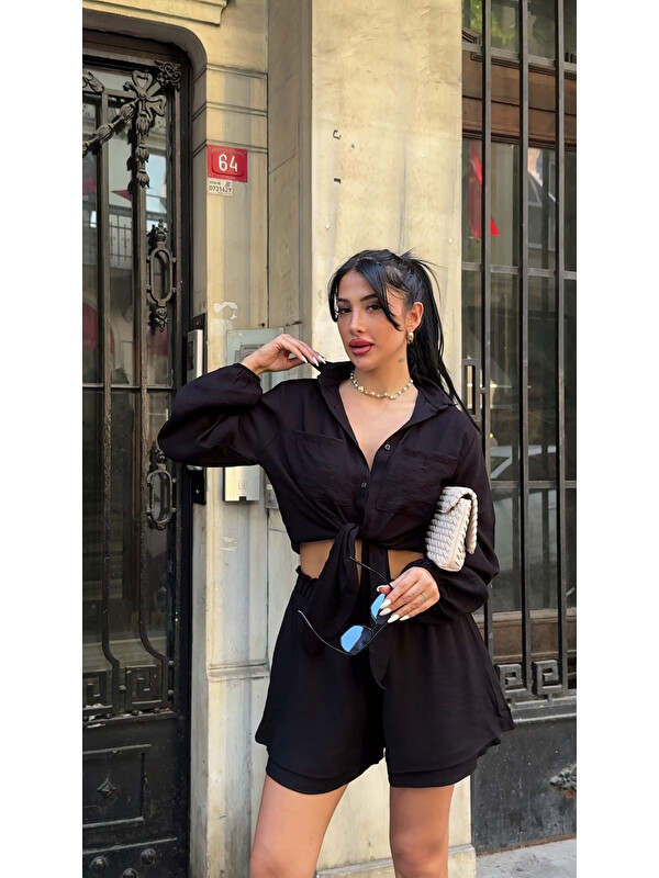 carla10 Şort Gömlek Alt Üst Takım Siyah