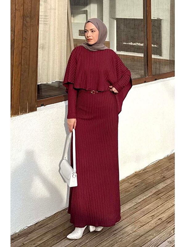 Lamelif Balıksırtı Kemerli Elbise Bordo