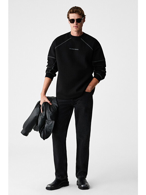 GRIMELANGE HAL Erkek Yuvarlak Yaka Önünde Ve Kollarında Süs Dikiş Detaylı Baskılı Regular Fit SİYAH Sweatshirt