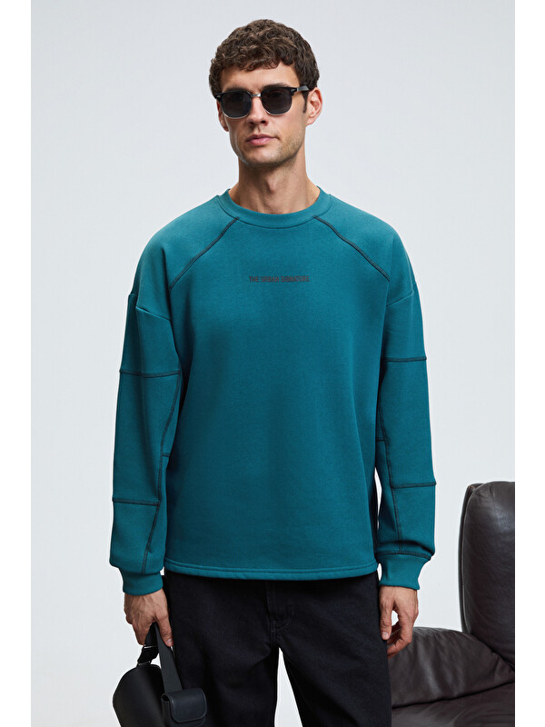 GRIMELANGE HAL Erkek Yuvarlak Yaka Önünde Ve Kollarında Süs Dikiş Detaylı Baskılı Regular Fit YEŞİL Sweatshirt
