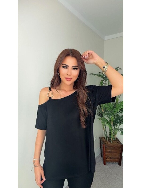Jane's Kadın Kısa Kollu Tek Omuzdan Askılı Toka Detaylı Viskon Bluz