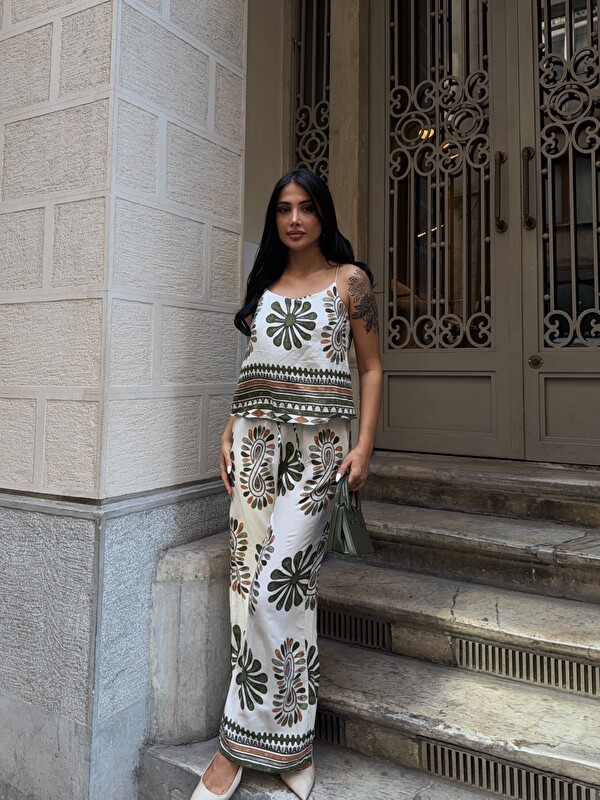 carla10 Desenli Kolsuz Üst ve Pantalon Takım Yeşil