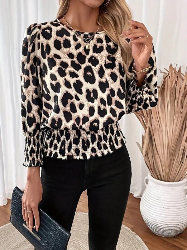 Jane's Kadın Uzun Kollu Bisiklet Yaka Leopar Desenli Modal Bluz