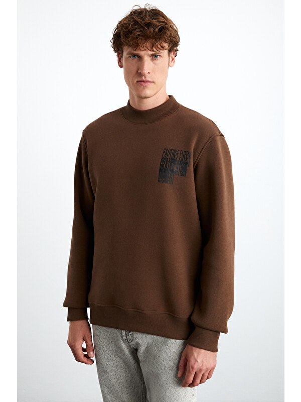 GRIMELANGE CHASEY Erkek Organik Pamuklu Dik Yaka Baskılı ACI KAHVE Sweatshirt