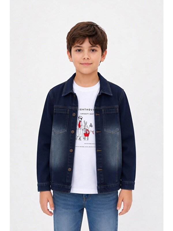 Cansın Mini Lacivert Baskılı Tişörtlü Erkek Çocuk Jean Gömlek Takımı 24163