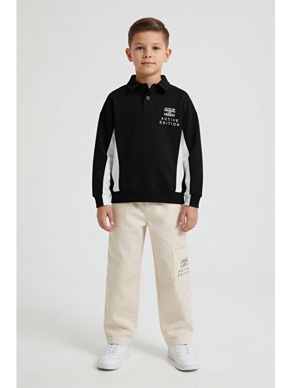 Cansın Mini Siyah Polo Yaka Sweatshirt Keten Pantolonlu Erkek Çocuk Takım 24530