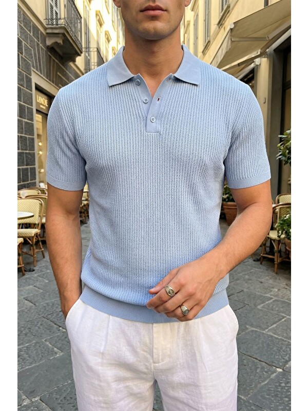 Livio Ferri Bande Regular Fit Erkek Kısa Kol Triko Polo Yaka Dokulu Tişört