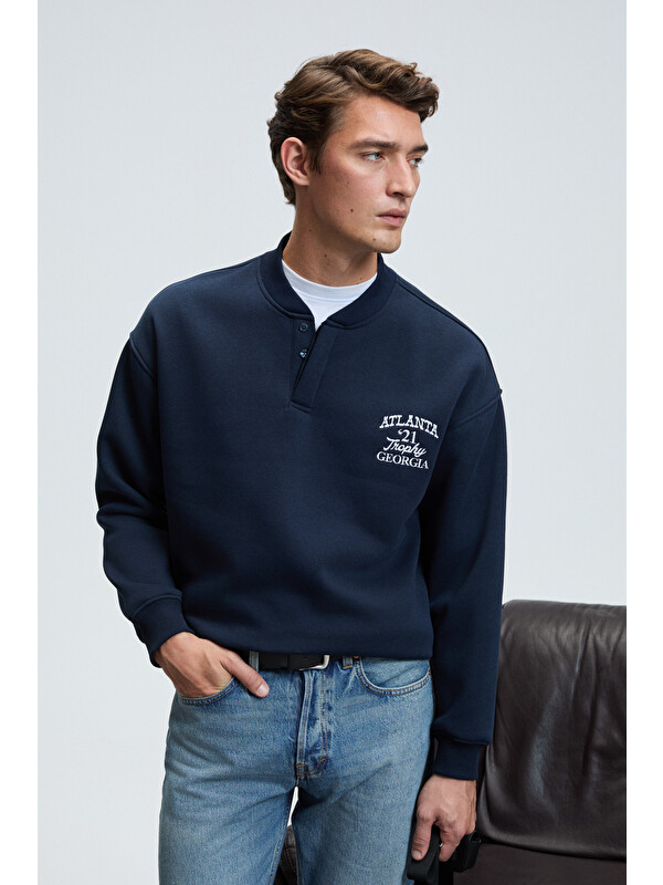 GRIMELANGE JETHRO Erkek Bomber Yaka Patlı Düğmeli Göğsü Nakışlı Relaxed Fit LACİVERT Sweatshirt