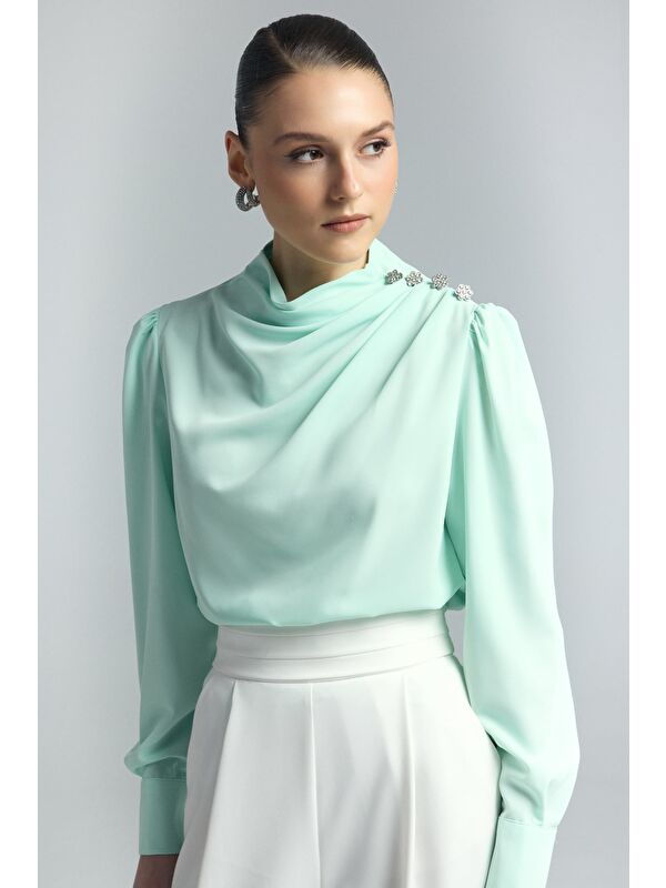 SATEEN Düğmeleri Taş Detaylı Bluz - Mint