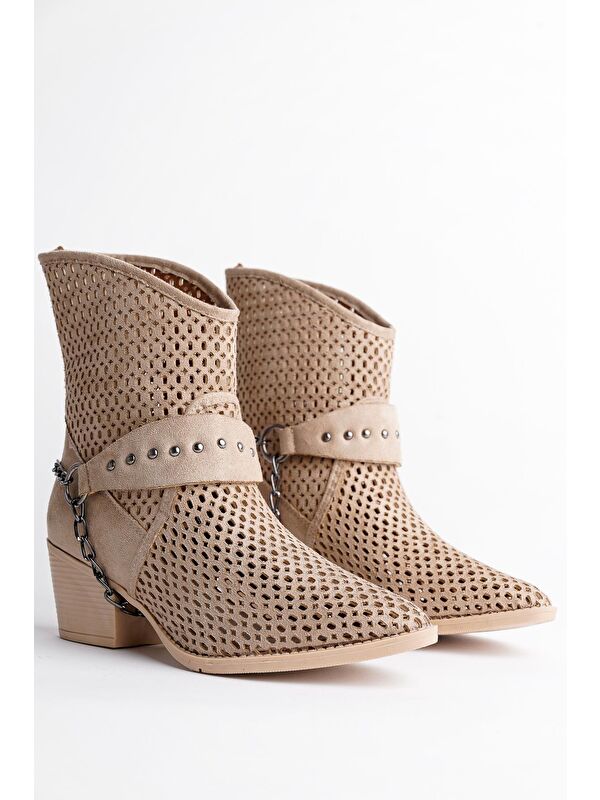BURNİNG Kadın Lazer Kesim Zincir Detaylı Delikli Kovboy Yazlık Topuklu Festival Bot - Görsel 8
