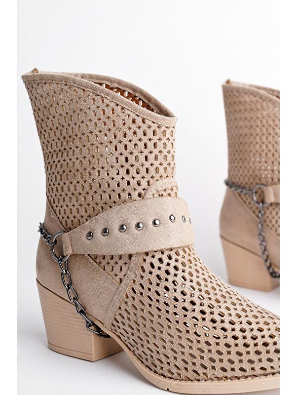 BURNİNG Kadın Lazer Kesim Zincir Detaylı Delikli Kovboy Yazlık Topuklu Festival Bot - Görsel 9