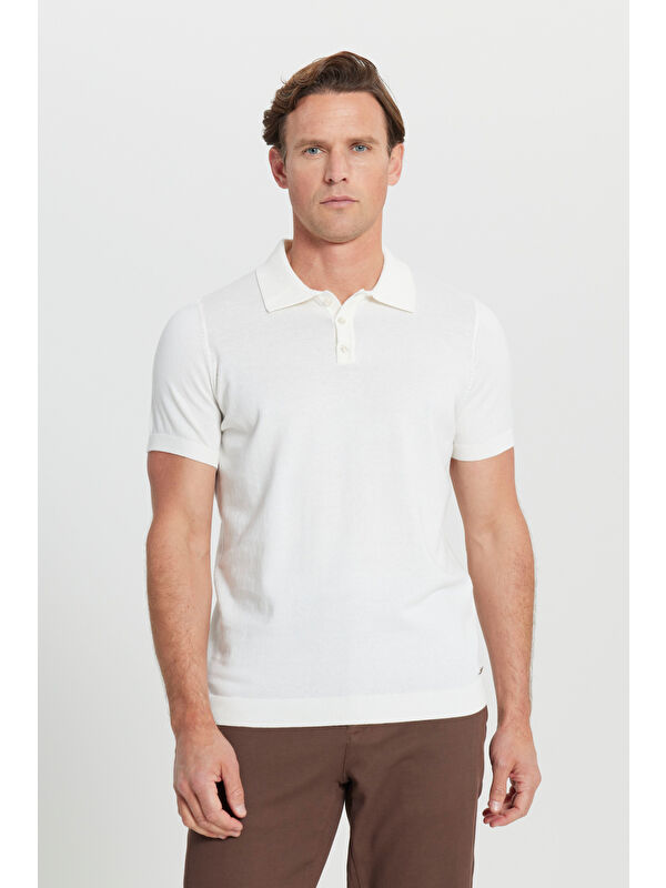Altınyıldız Classics Erkek Beyaz %100 Pamuk Standart Fit Normal Kesim Polo Yaka Triko Tişört
