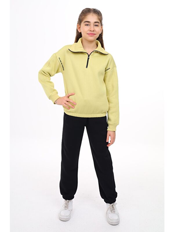 Toontoykids Kız Çocuk 2'li Takım Baskılı Balıkçı Yaka Fermuarlı Sweatshirt & Beli Paçası Lastikli Cepli Jogger