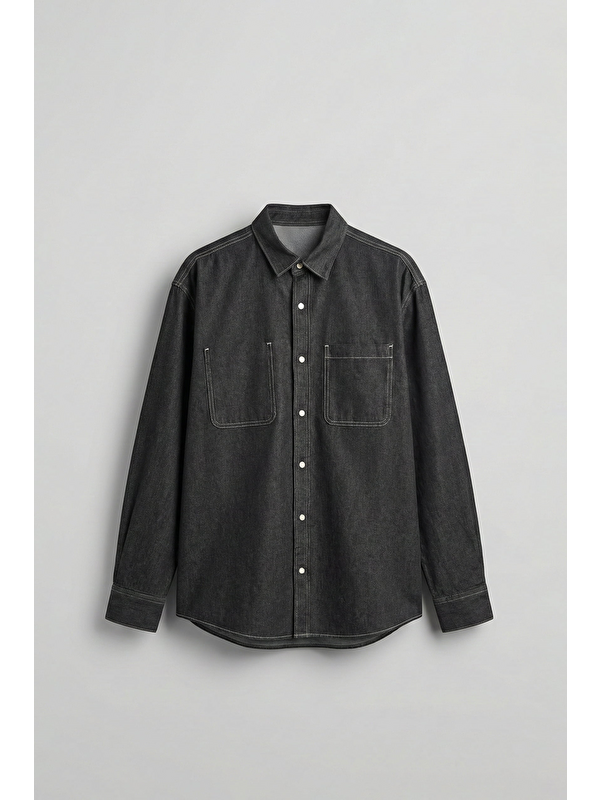 Abluka Online Erkek Regular Fit Kontrast Dikişli Denim Gömlek Siyah