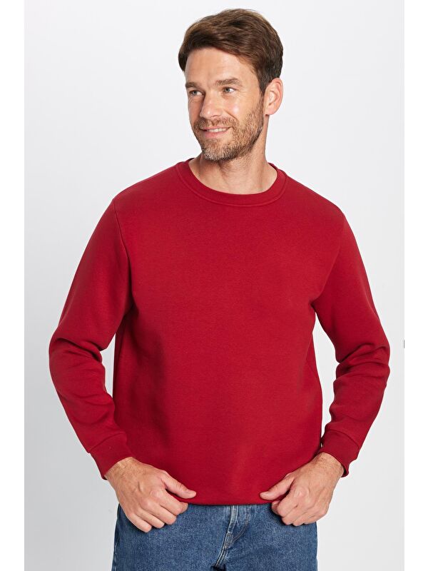 TUDORS Unisex Relax Fit Rahat Kesim Pamuklu Yumuşak Dokulu İçi Polarlı Basic Bordo Bisiklet Yaka Sweatshirt