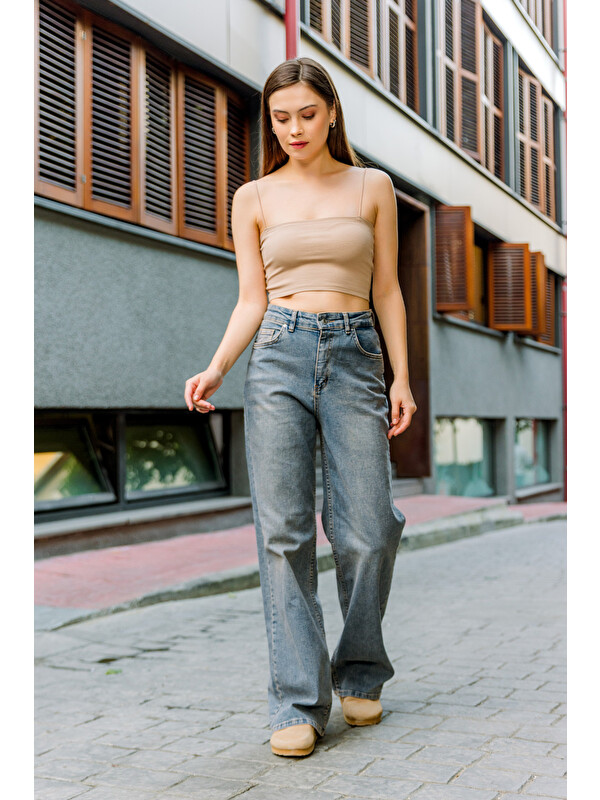 Maule üksek Bel, Esnek Denim Kumaş Geniş Paça Palazzo Kadın Jean Jean Pantolon @Cesena