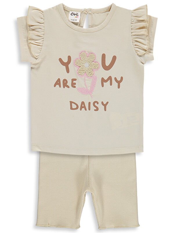 Civil Baby Yazı-Çiçek Baskı Nakış 6-18 Ay Takım - Fil Dişi