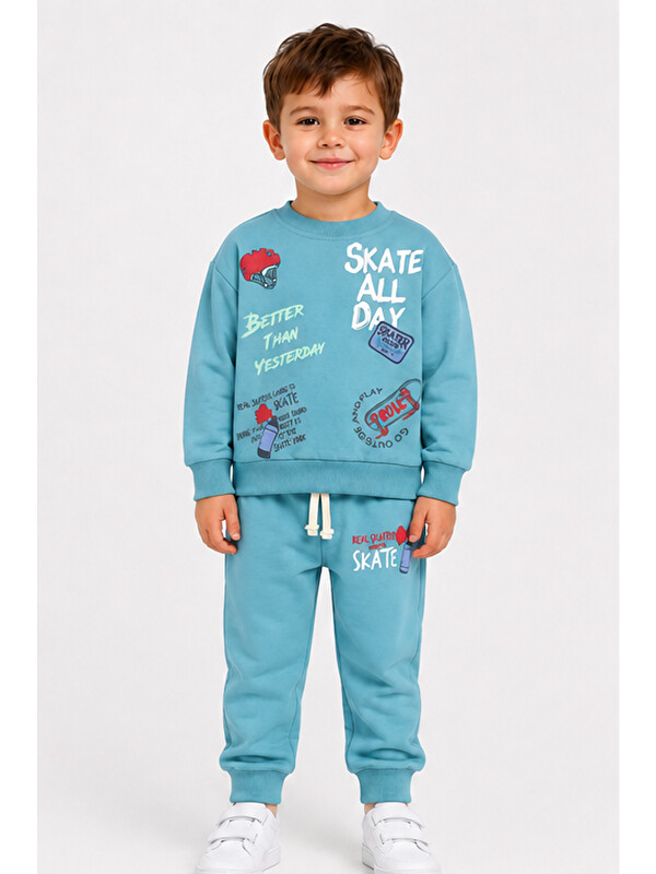 Ahengim Erkek Çocuk Kaykay Baskılı Sweatshirt Eşofman Altı 2’li Takım 1-4 Yaş Ak115