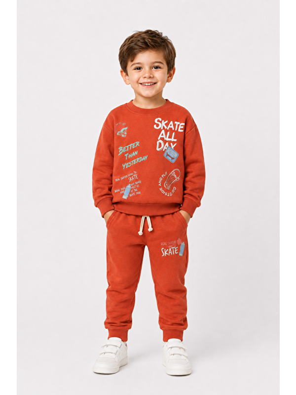 Ahengim Erkek Çocuk Kaykay Baskılı Sweatshirt Eşofman Altı 2’li Takım 1-4 Yaş Ak115