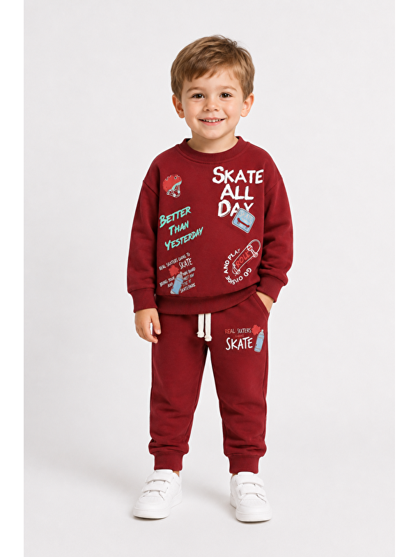 Ahengim Erkek Çocuk Kaykay Baskılı Sweatshirt Eşofman Altı 2’li Takım 1-4 Yaş Ak115