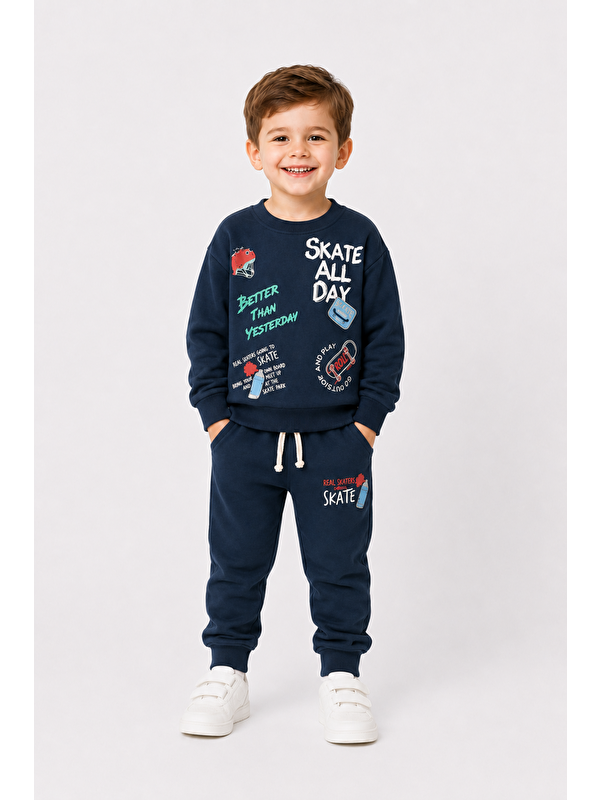 Ahengim Erkek Çocuk Kaykay Baskılı Sweatshirt Eşofman Altı 2’li Takım 1-4 Yaş Ak115