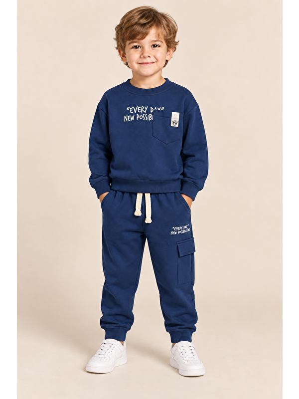 Ahengim Erkek Çocuk Pamuklu Baskılı 2’li Takım Sweatshirt Eşofman Altı 1-4 Yaş Ak122