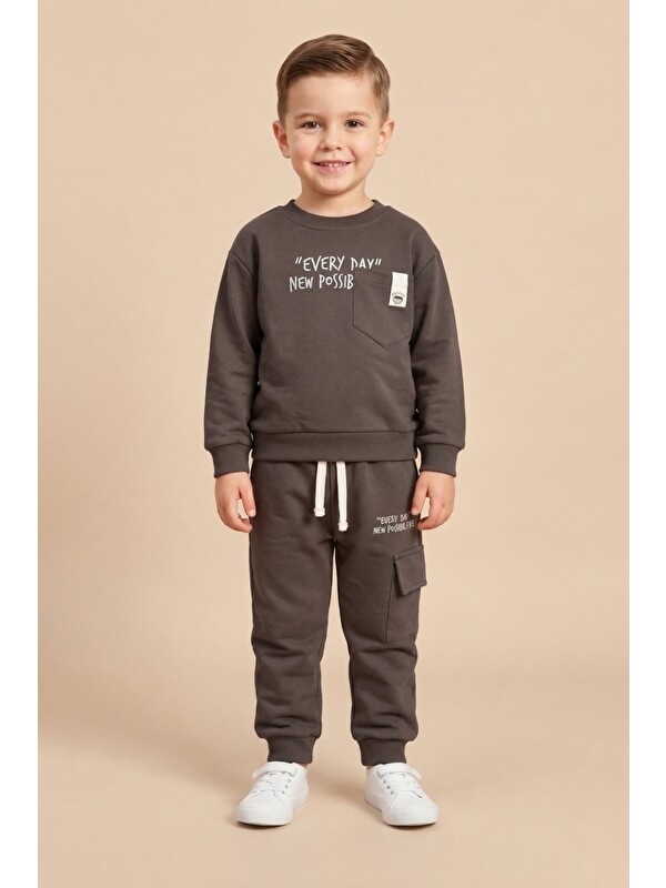 Ahengim Erkek Çocuk Pamuklu Baskılı 2’li Takım Sweatshirt Eşofman Altı 1-4 Yaş Ak122