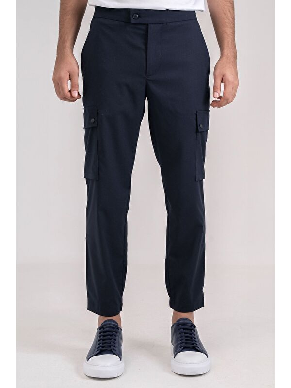Sabri Özel Giotelli Erkek Lacivert Dar Kesim Slim Fit Viskon Dokuma Kargo Cep Normal Bel Pantolon