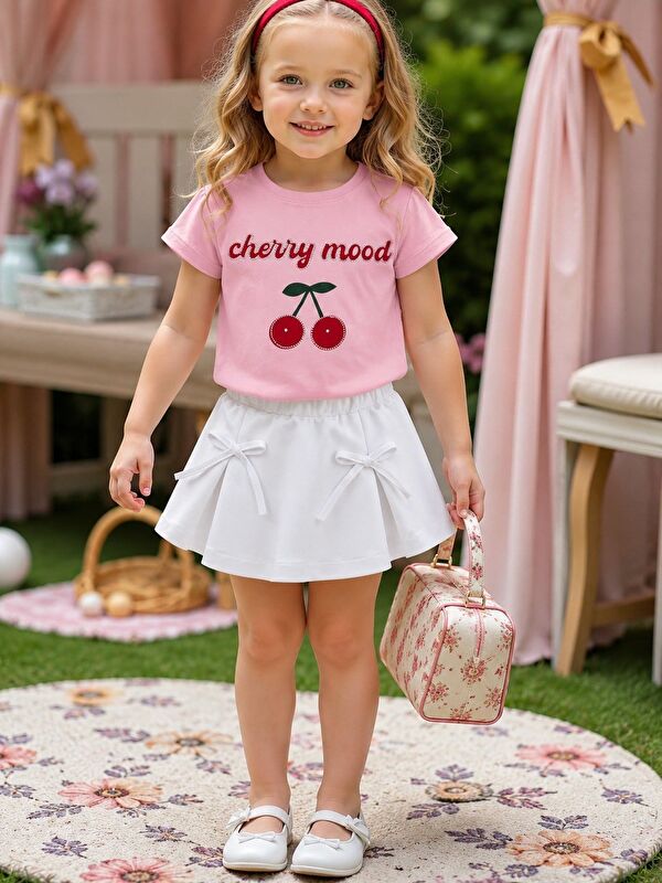 Zepkids Kız Çocuk Şort Etek Takım Cherry Mood Taş İşlemeli Kiraz Baskılı Pembe Tshirt Beyaz Etek