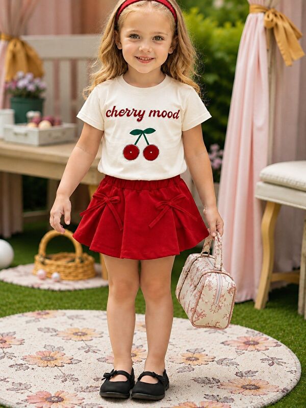 Zepkids Kız Çocuk Şort Etek Takım Cherry Mood Taş İşlemeli Kiraz Baskılı Beyaz Tshirt Kırmızı Etek