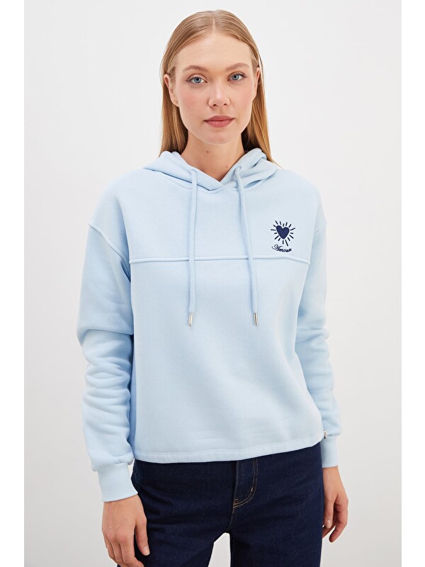 Fullamoda 3 İplik Kalp Nakışlı Kapüşonlu Stoperli Sweatshirt