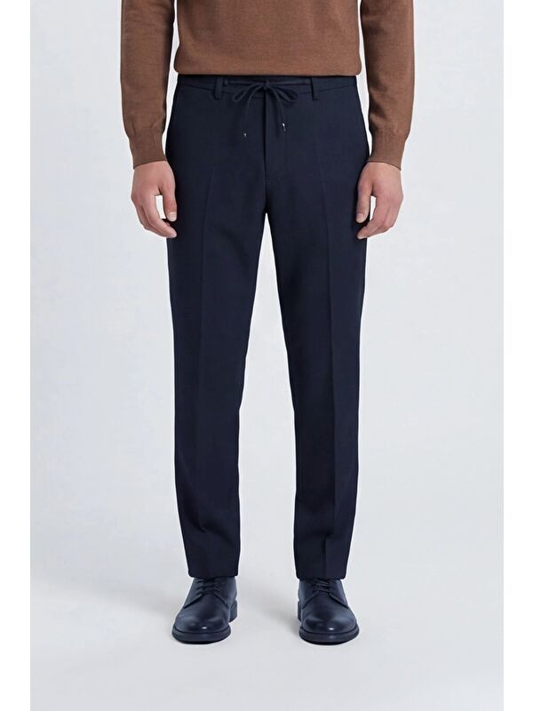 Sabri Özel Giotelli Erkek Lacivert Dar Kesim Slim Fit Viskon Dokuma Yan Cep Bağcıklı Bel Pantolon