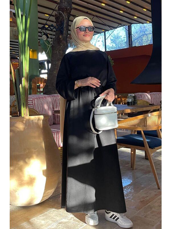 Lamelif Bel Tünel Detaylı Elbise Siyah