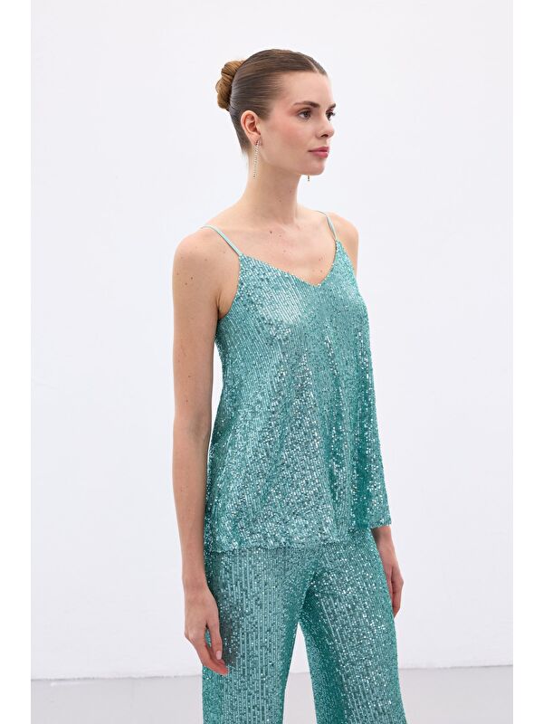 SATEEN Payet Detaylı Askılı Bluz - Mint