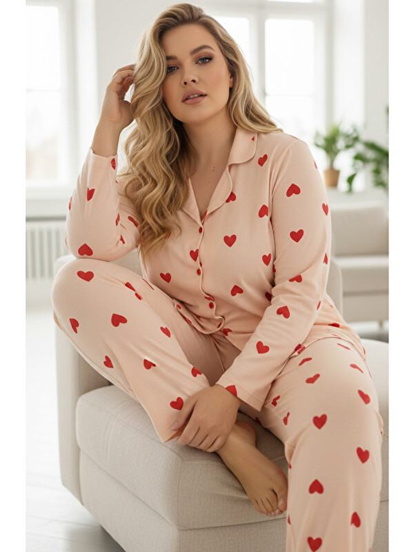 Siyah İnci somon pamuklu kalp desenli uzun kollu düğmeli pijama takımı