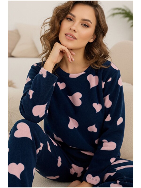 Siyah İnci lacivert kalp desenli Büyük Beden Polar Kışlık Örme Pijama Takım