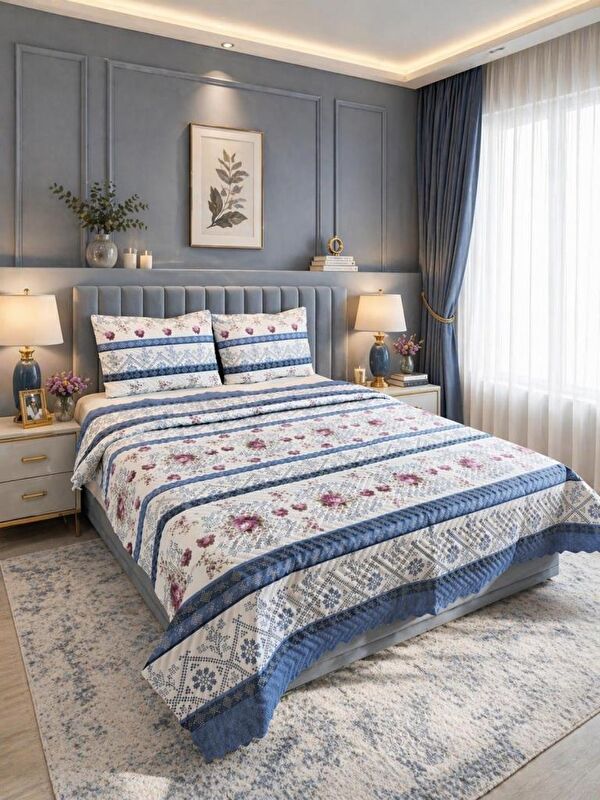 Çeyiz Diyarı Ultrasonik Kapitoneli Rossera Çift Kişilik Pike Takımı 195x235 cm Mavi