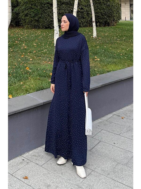 Lamelif Taş Detaylı Tesettür Elbise Lacivert