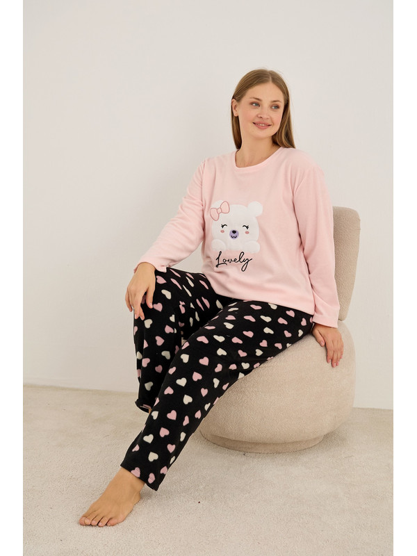 Siyah İnci Aycık Nakışlı Büyük Beden Polar Kışlık Örme Pijama Takım