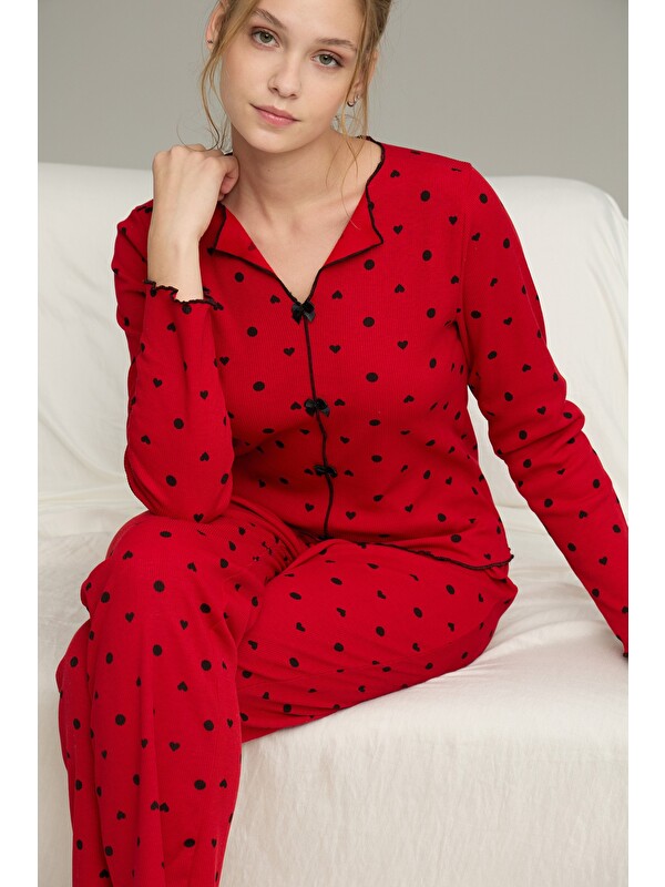 Siyah İnci Pamuklu Fiyonklu Fitilli Örme Pijama Takım25226004-2