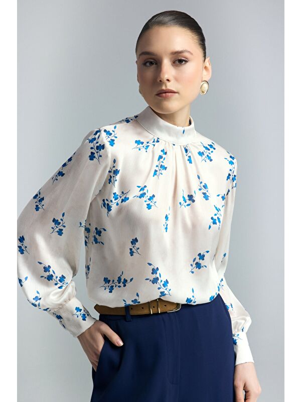 SATEEN Çiçek Desenli Bluz - İndigo